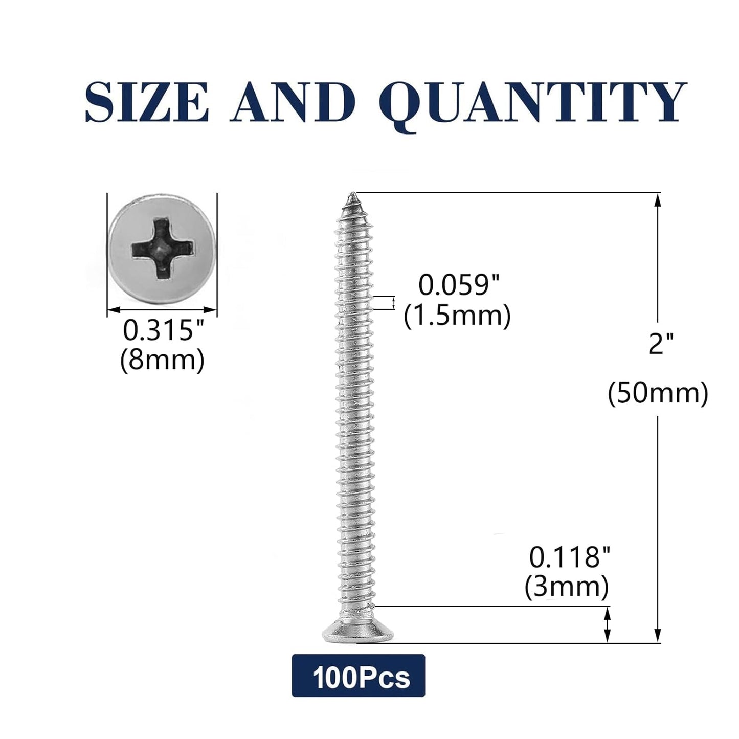 #8 x 2" Wood Screw 100Pcs 18-8 (304) Stainless Steel Screws Flat Head Phillips Fast Self Tapping Drywall Screws by SG TZH