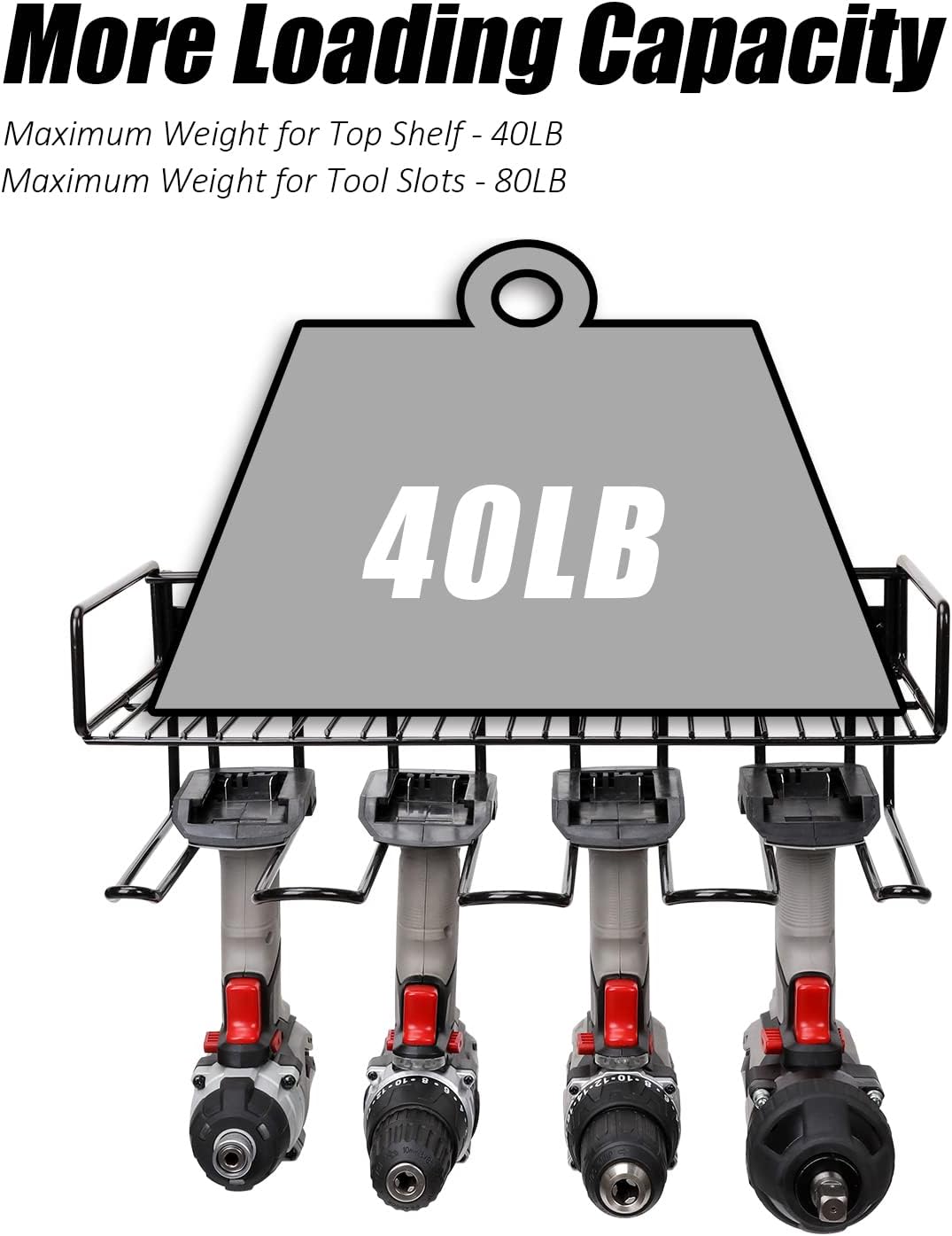 Heavy Duty Tool Organizer, 16"W x 7.48"H x 5.51"D, 4 Wall Mount Anchors, 3.95" Between Slots, Sturdy Steel Construction, Ideal for Power Tools