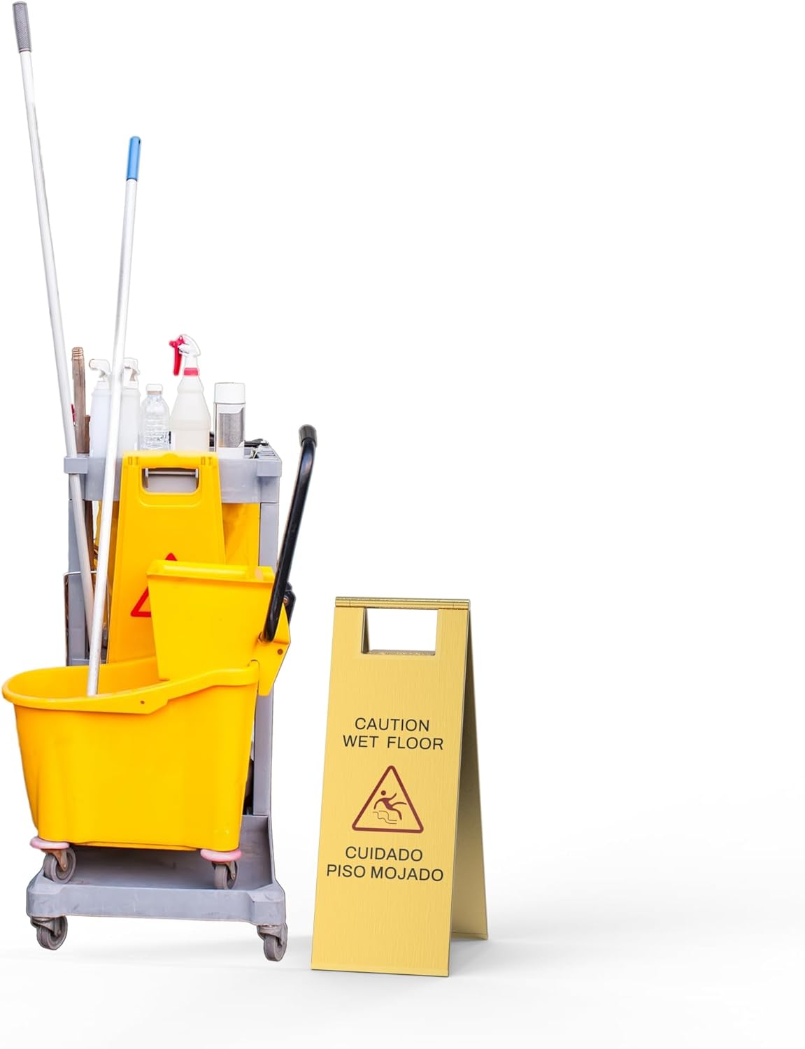 Stainless Steel Wet Floor Sign 2 Pack, 24 Inch Double-Sided Foldable Caution Sign with Handle, 8.8 lb Bilingual Warning for Restaurant, Office, Commercial Cleaning Use, Gold