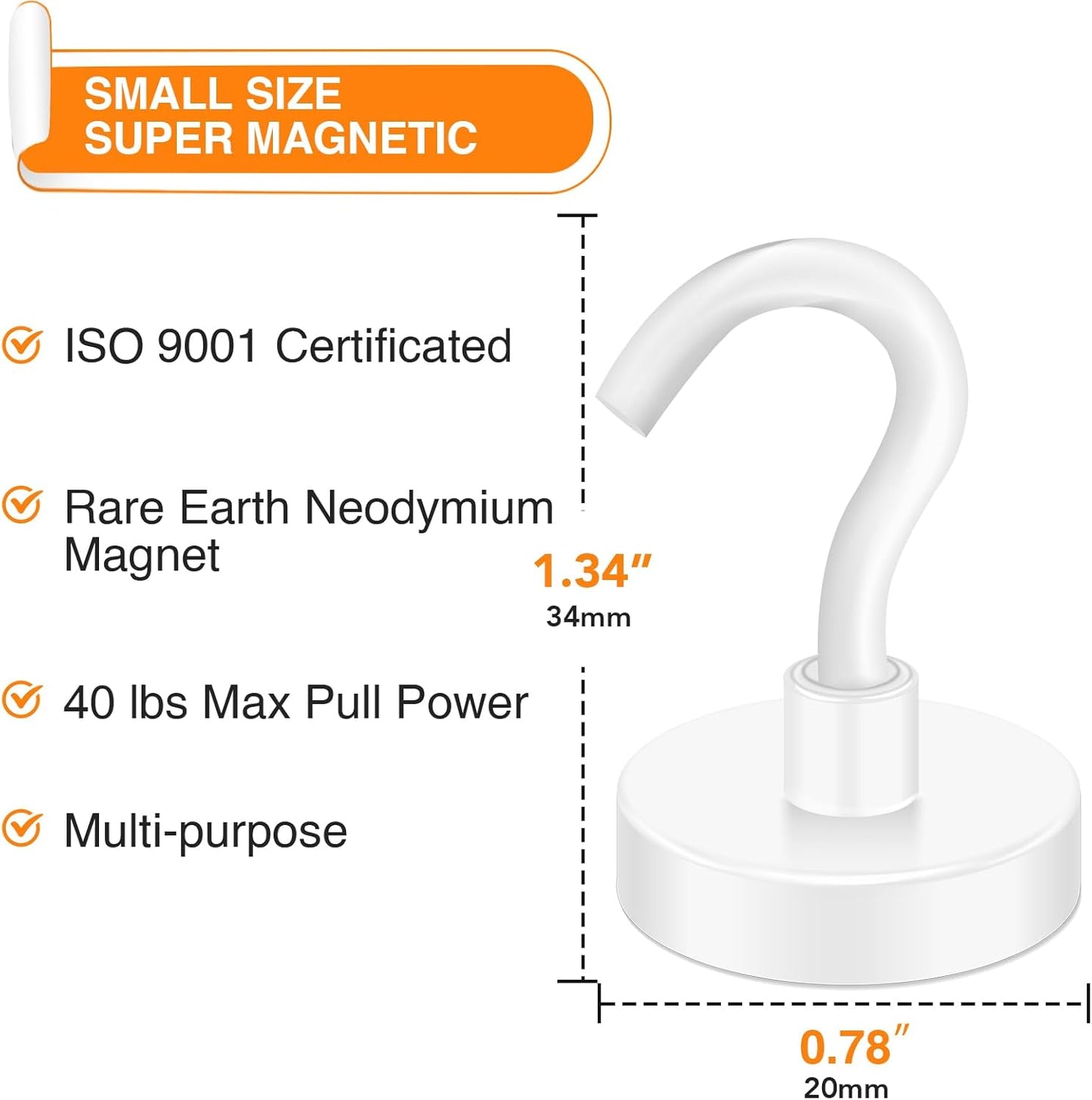 MIKEDE Magnetic Hooks, 40LB+ Heavy Duty Magnet Hooks for Cruise Cabins, Super Neodymium Hanging Hooks White Strong Magnets with Hook for Fridge, Magnetic Hanger for Grill, Toolbox - Pack of 4