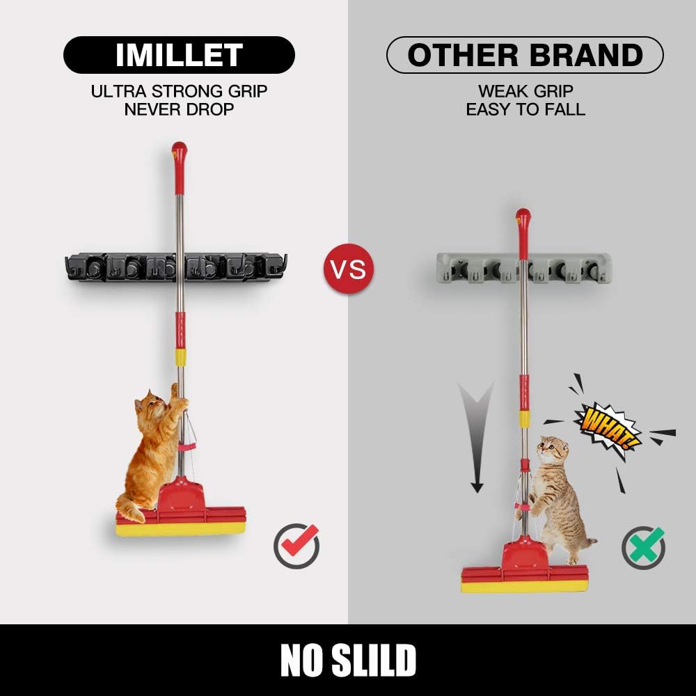 IMILLET Mop and Broom Holder, Wall Mounted Organizer-Mop and broom Storage Tool Rack with 5 Ball Slots and 6 Hooks (Black)