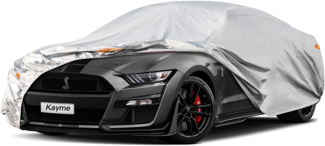 Kayme 6 Layers Car Cover Custom fit for Ford Mustang/Shelby (1964-2025) Waterproof All Weather for Automobiles, Outdoor Full Cover Rain Sun UV Protection.Silver