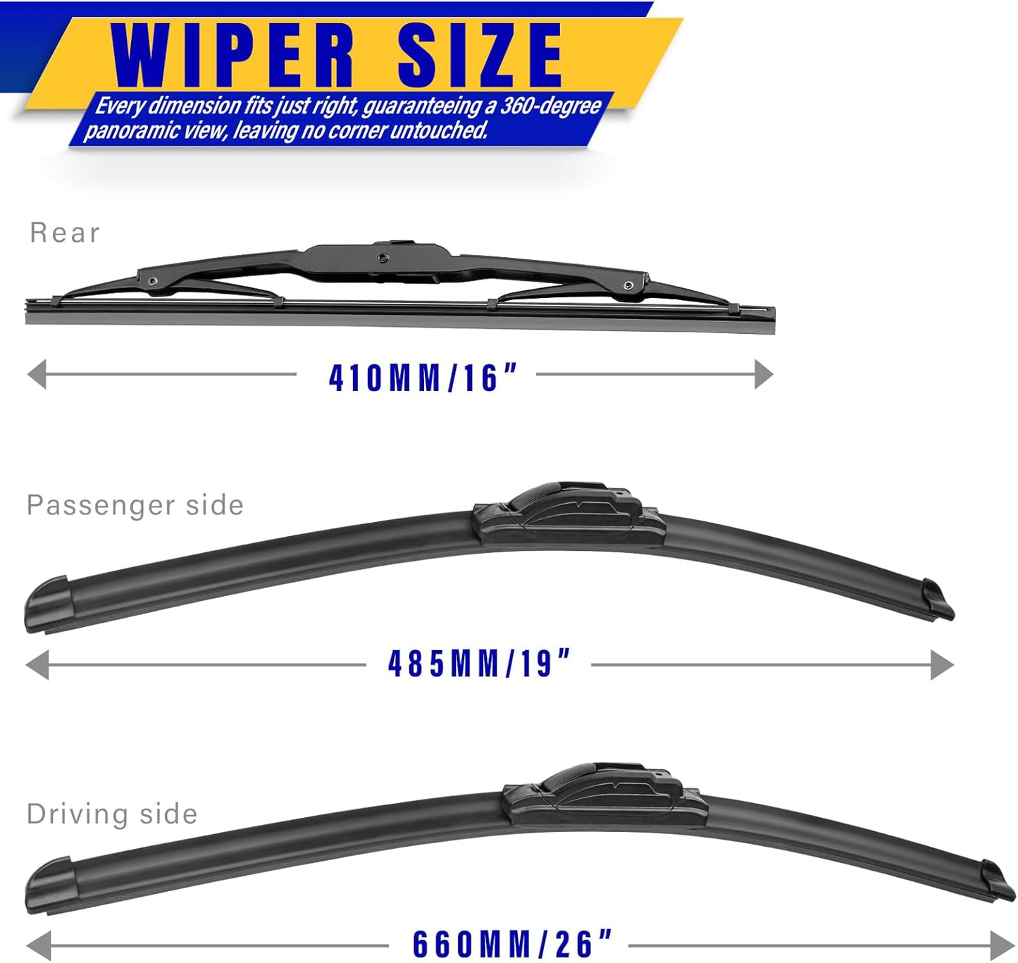 3 wipers Replacement for 2005-2010 Toyota Sienna, Windshield Wiper Blades Original Equipment Replacement - 26"/19"/16" (Set of 3) U/J HOOK