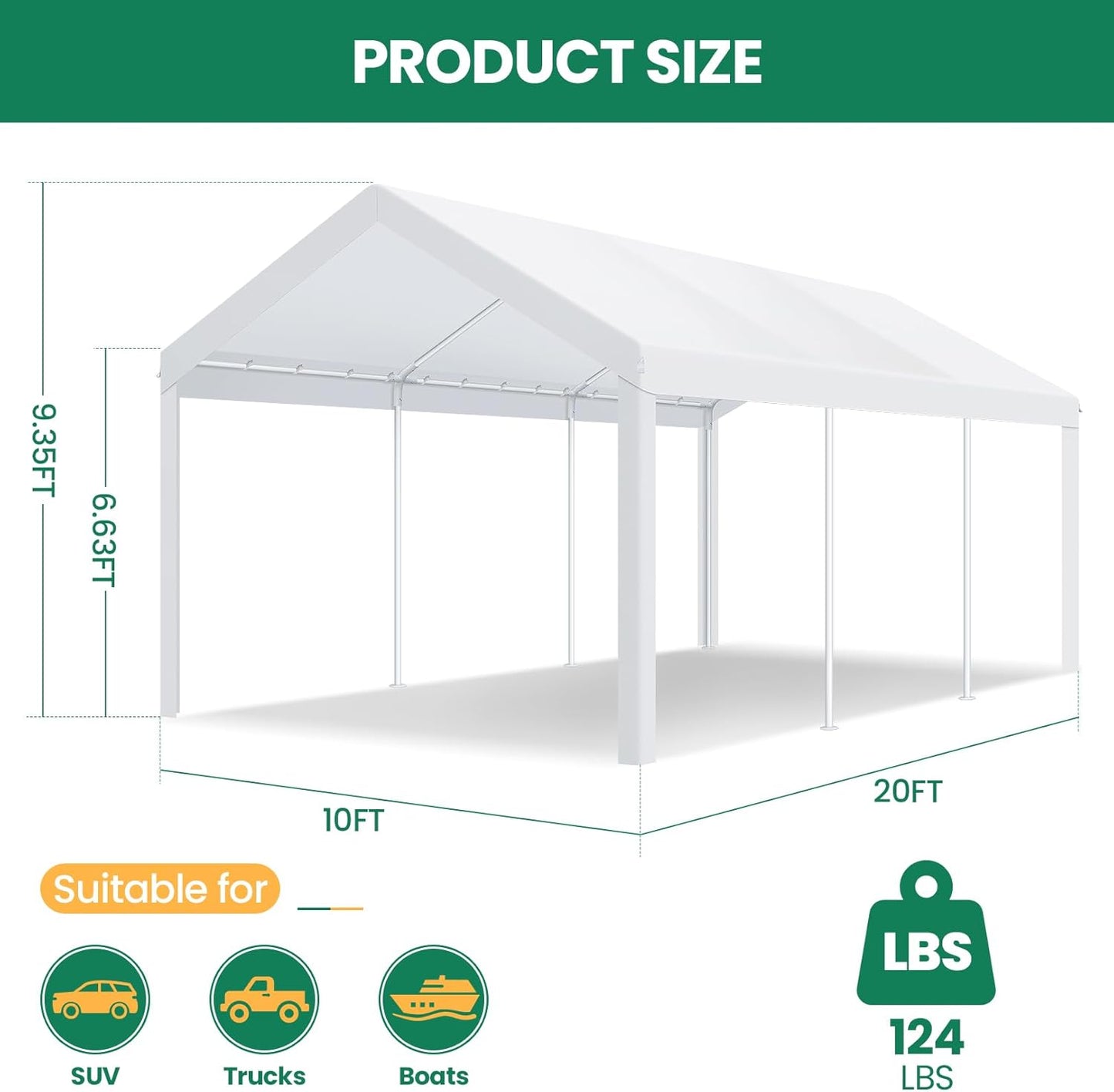 COBIZI Carport Canopy 12x20 Heavy Duty Car Tent Garage, Galvanized Frame Car Canopy Outdoor Shelter Waterproof & UV Protected with Built-in Sandbags & All-Season Tarp for Car Boat Truck, White