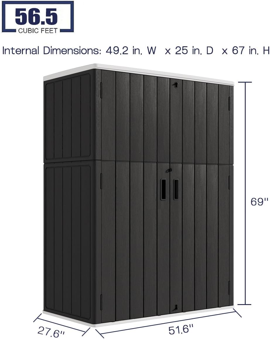KINYING Outdoor Vertical Storage Shed,57 Cu.ft Outdoor Storage Cabinet Waterproof,Resin Sheds & Outdoor Storage Clearance for Garden,Patio,Backyard,Lockable (Black)