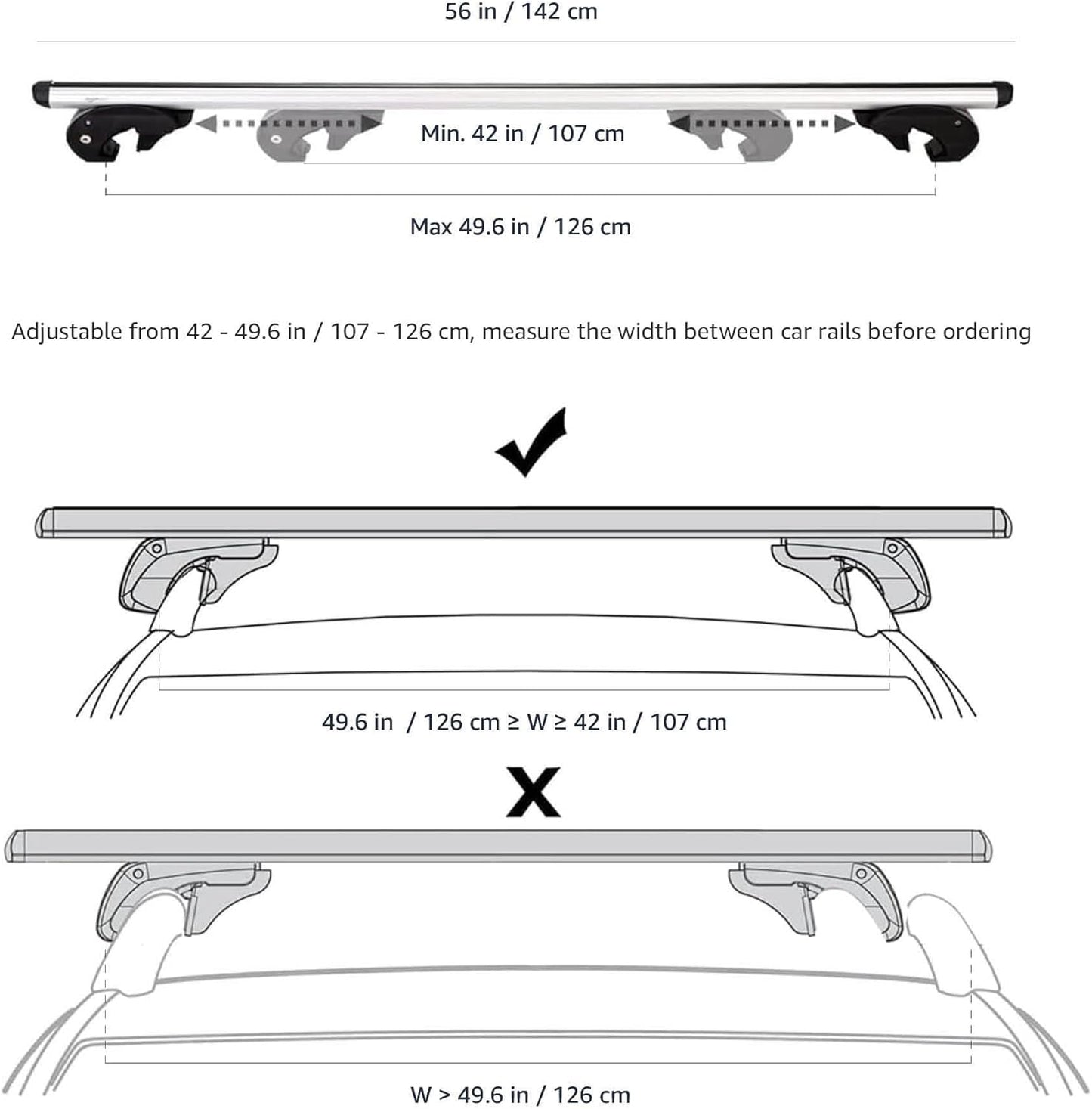 Amazon Basics Cross Rail Roof Rack, 56 inches, Fits up to 49.6" Spans between Raised Side Rails with Gap, Pack of 2, Black/Silver