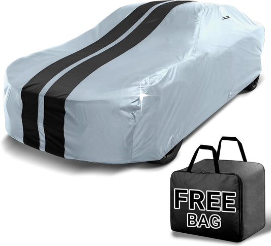 iCarCover Custom Car Cover for Chevy Aveo Hatchback (2004-2018) Waterproof All Weather Rain Snow UV Sun Protector Full Exterior Indoor Outdoor Car Cover (Stripe - Gray/Black)