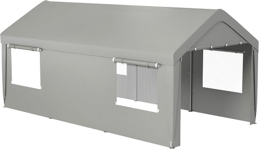 Outsunny Carport 10' x 20' Portable Garage, Heavy Duty Car Port Canopy with 2 Roll-up Doors & 4 Ventilated Windows for Car, Truck, Boat, Garden Tools, Gray