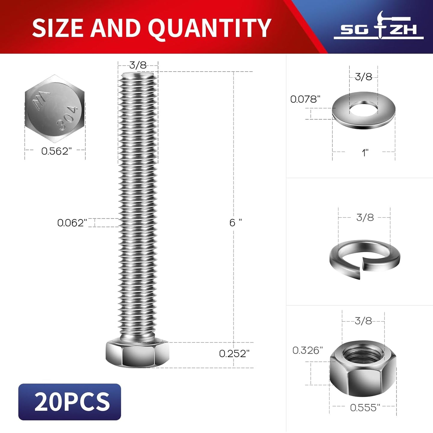 3/8-16 x 6" Hex Head Screw Bolt, Nuts, Flat & Lock Washers, 20Pcs 18-8 (304) Stainless Steel, Fully Threaded, by SG TZH