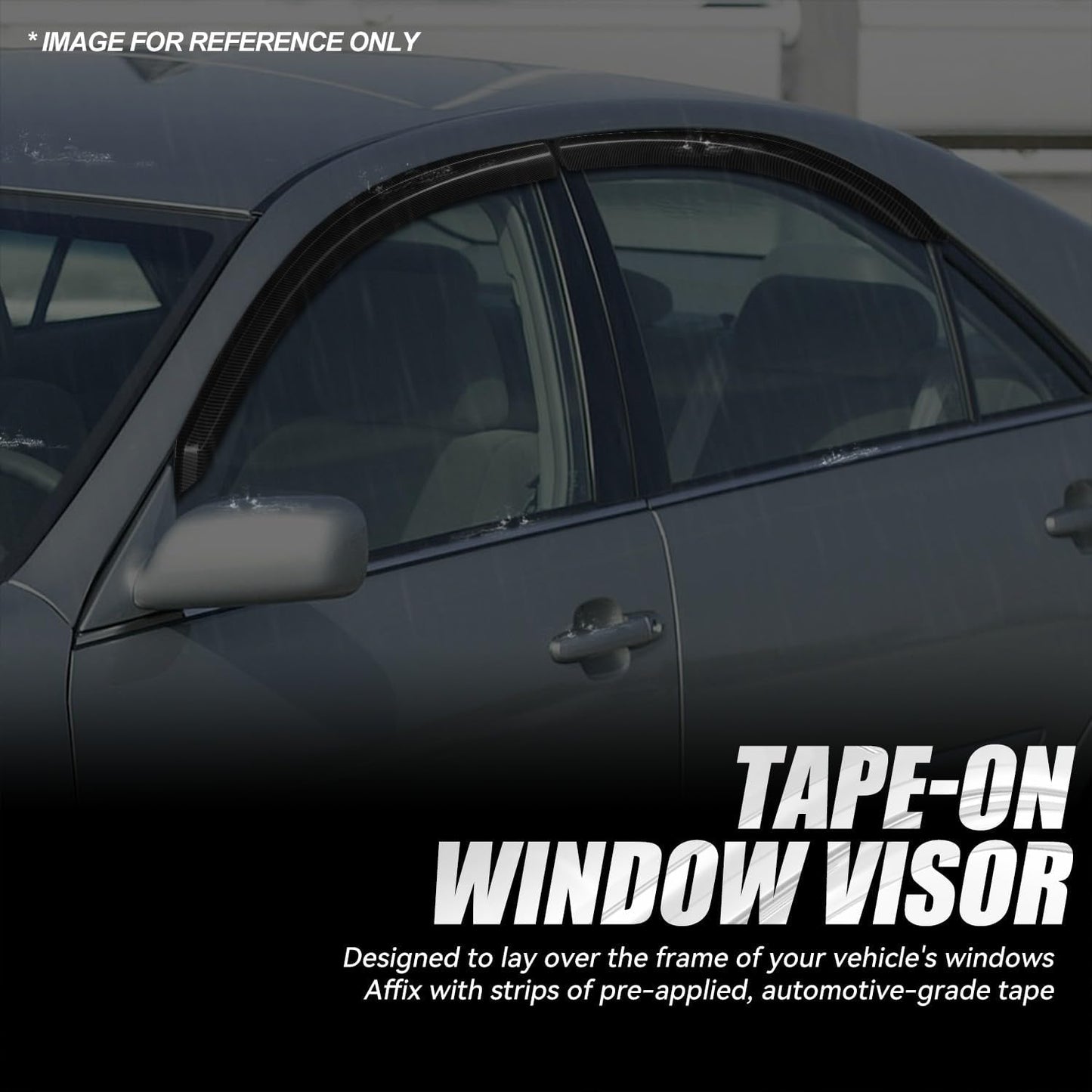 Auto Dynasty 4Pcs Carbon Fiber Pattern Window Visors Compatible with 2002-2006 Toyota Camry, Tape-On Front & Rear Window Deflectors Rain Guards Sun Wind Air Side Vent Shade, Glossy Black