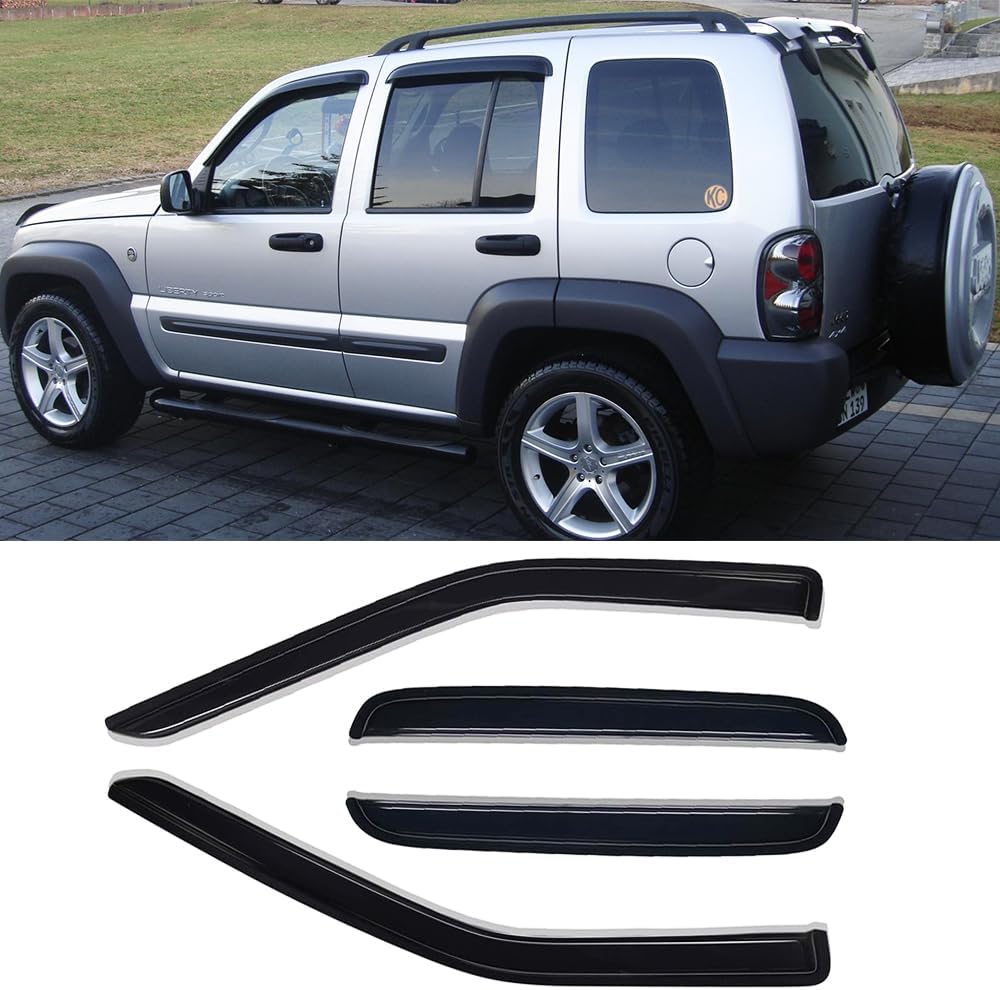 94428 Side Window Wind Vent Deflector,4pcs Outside Mount Style Nice Sun Rain Guards Set,Dark Smoke Tint Window Visor fit for 2002-2007 Jeep Liberty