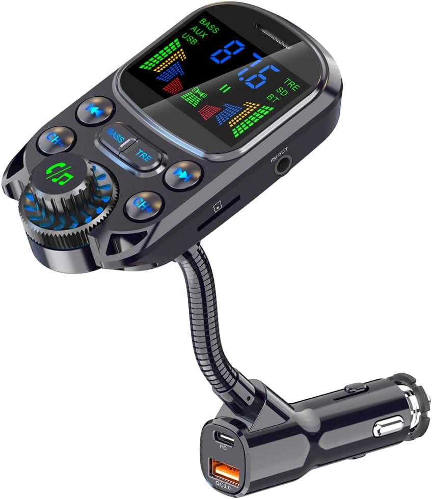 Bluetooth FM Transmitter for Car 1.5" Color Screen Display Wireless Handsfree Radio Transmitter Car Charger Adapter Support TF Card USB Flash Drive 48W PD/ QC3.0 Dual USB Charging (Black)