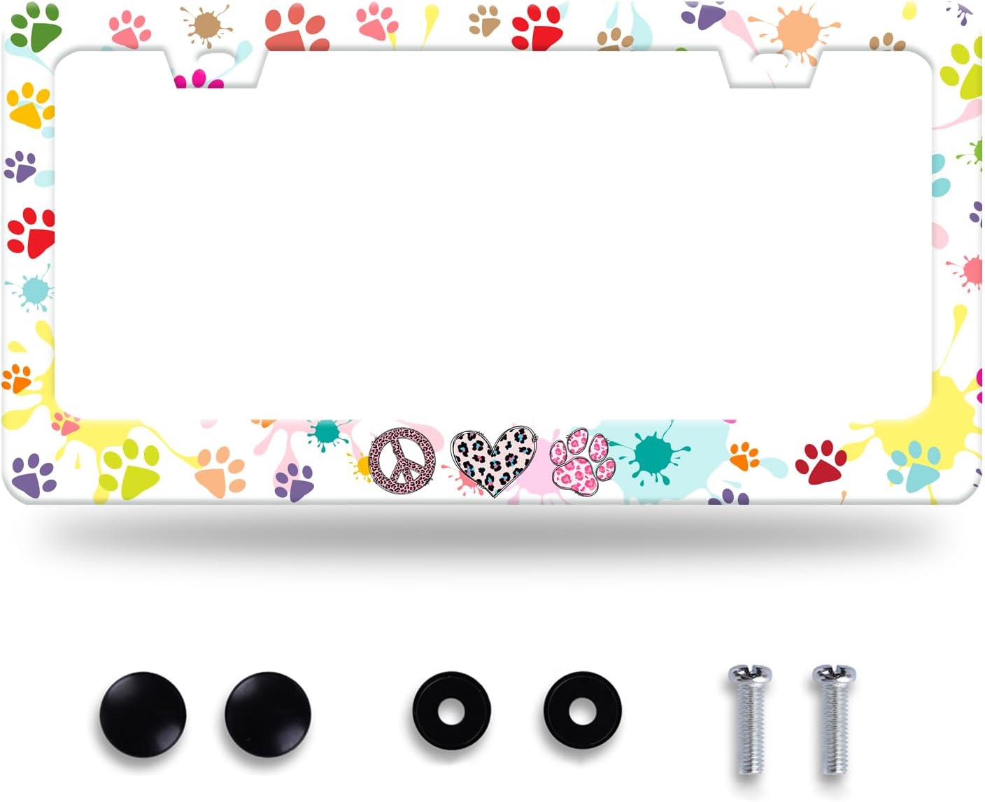 Dog Cat Paw License Plate Frame Colorful Paws License Plate Stainless Steel Funny License Plate Holder for Men Women Universal Animals Car Accessories Decoration 12.3" x 6.3"