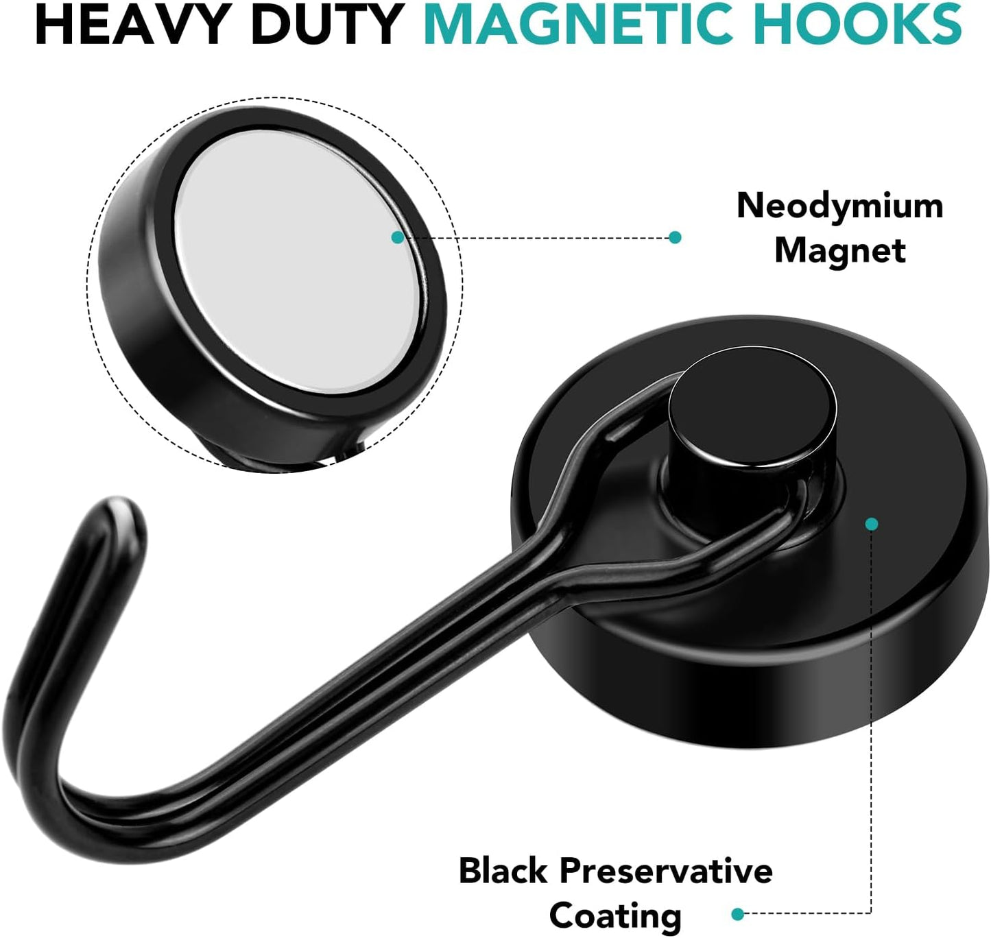 DIYMAG Black Magnetic Hooks, 80LBS Strong Magnetics Heavy Duty, Magnet Hook with Metal Hanger for Hanging Refrigerator Home Kitchen Office, 4Pack