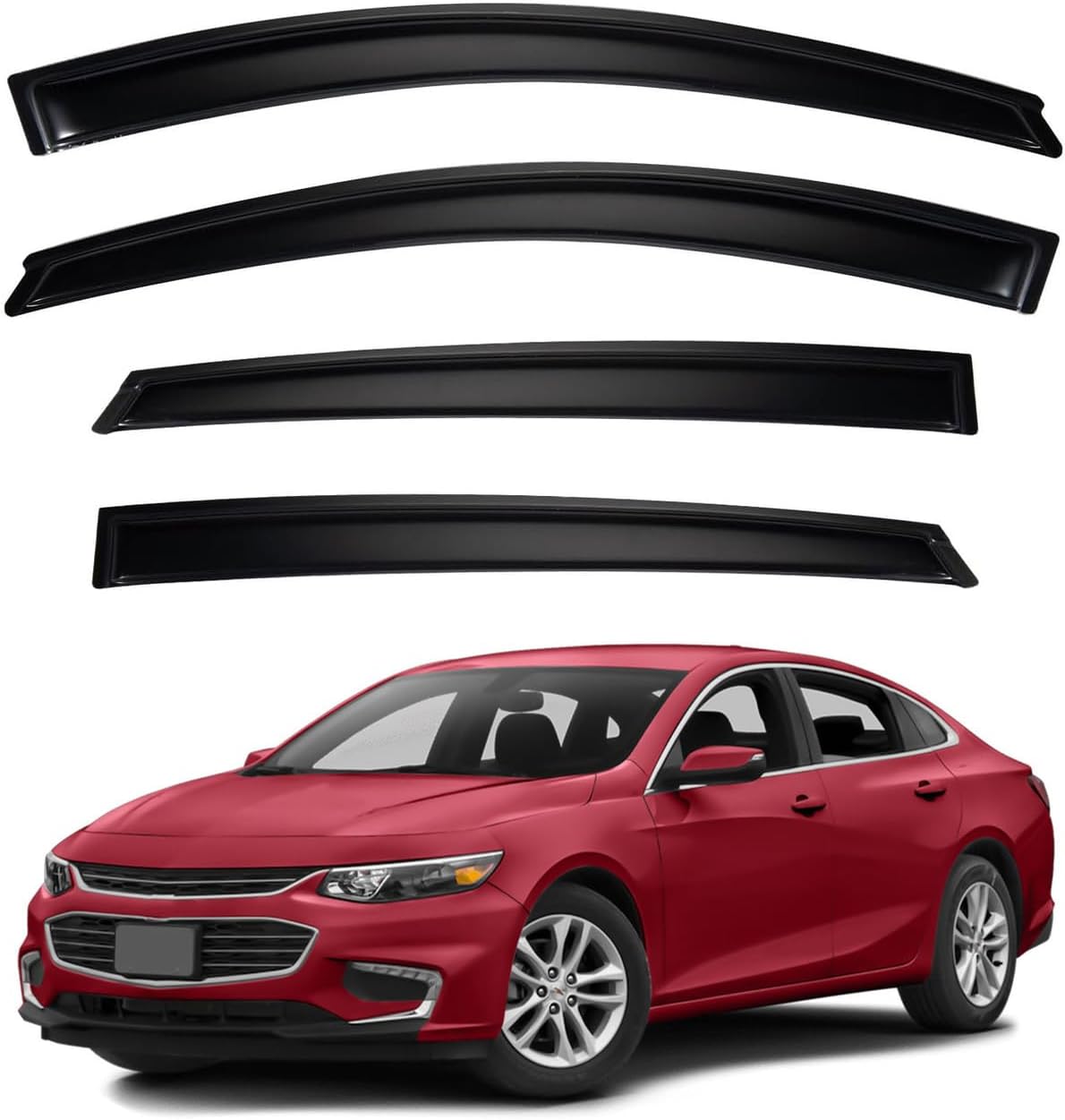 4pcs Front+Rear Smoke Tint Sun/Rain Guard Outside Mount Tape-On Vent Window Visors Compatible with 2016-2024 Chevy Malibu