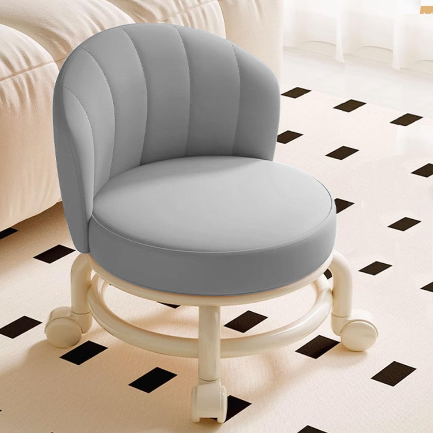 Low Rolling Stool with Backrest,Rolling Pedicure Seat,Low Stool with Wheels for Home, Office, Garage, Shop, Library (Gray)