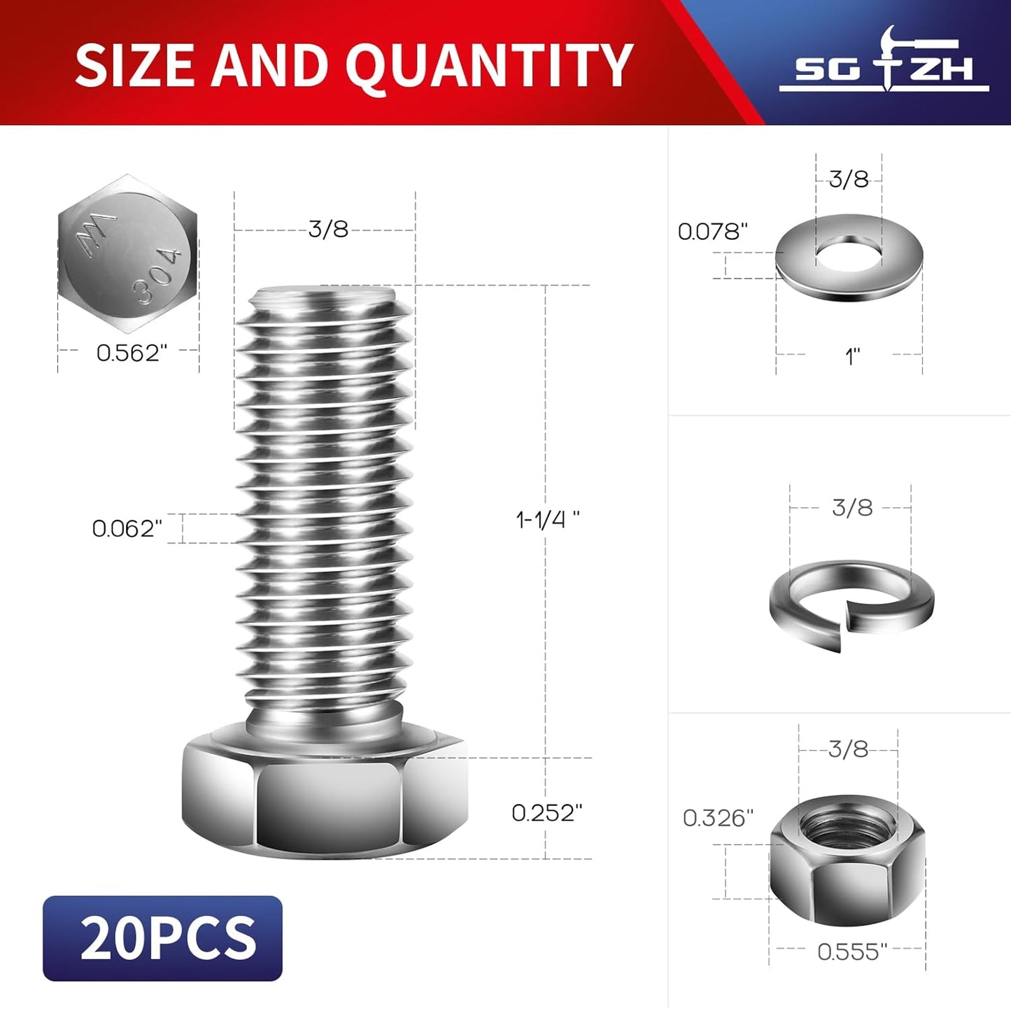 3/8-16 x 1-1/4" Hex Head Screw Bolt, Nuts, Flat & Lock Washers, 20Pcs 18-8 (304) Stainless Steel, Fully Threaded, by SG TZH