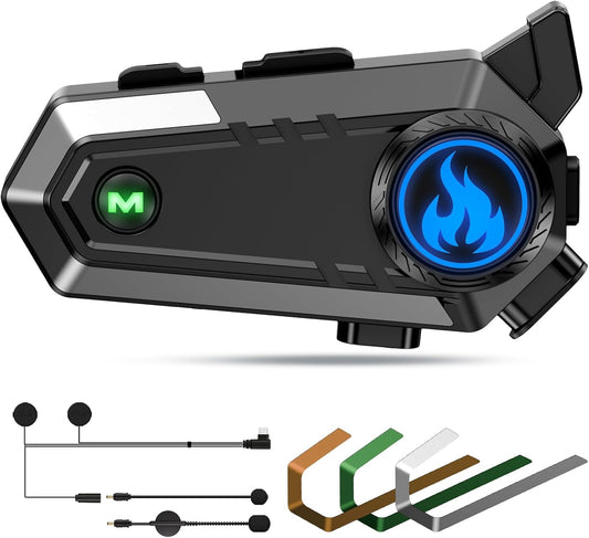 Motorcycle Helmet Bluetooth Headset, Bluetooth Motorcycle Helmet with 2 Type Mics, Intercom/Hands-Free Call/Music/Waterproof/Noise Cancellation/Wake Up Siri, Compatible with All Helmets