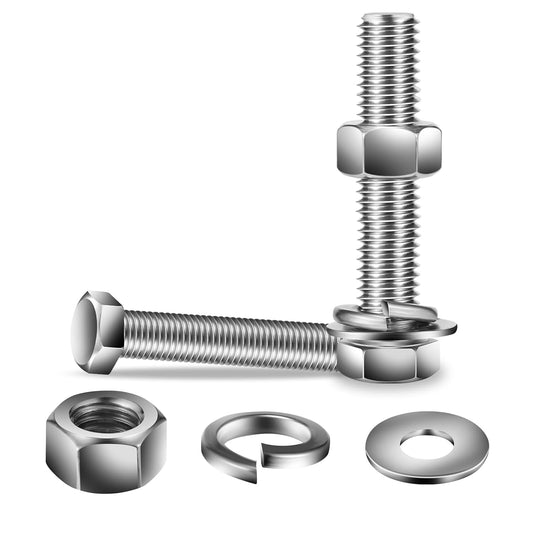 3/8-16 x 3-1/2" Hex Head Screw Bolt, Nuts, Flat & Lock Washers, 20Pcs 18-8 (304) Stainless Steel, Fully Threaded, by SG TZH