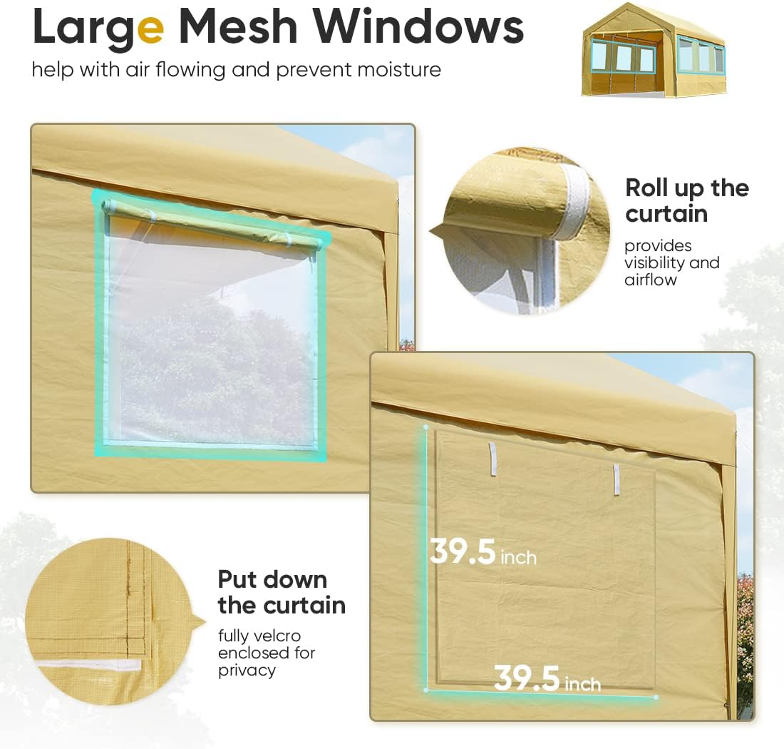 ADVANCE OUTDOOR 10x20 ft Adjustable Height Carport with Removable Window Sidewalls and Doors, Heavy Duty Car Canopy Garage Party Tent Boat Shelter with Reinforced Poles, Beige