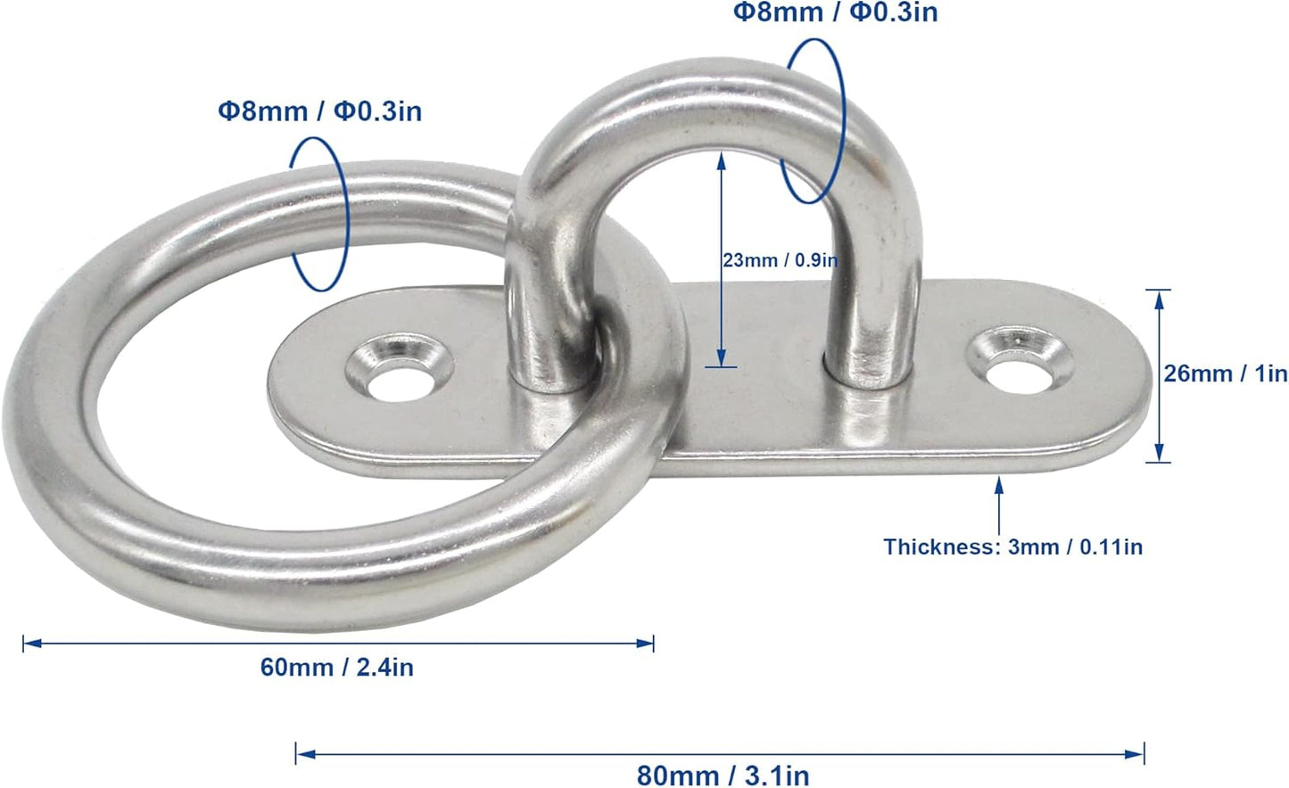 Stainless Steel Ceiling Hooks & Wall Hangers with Rings - Heavy Duty M8 Screw Mount, Rust-Proof Anchor Straps for Garage, Outdoor, Storage (4-Pack)