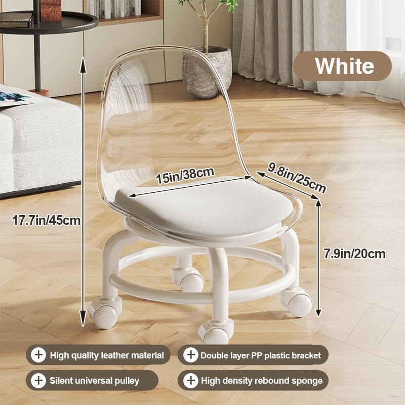 Low Rolling Stool with Wheels,Mini Rolling Garage Stool with Back Support,360° Rotating Floor-Friendly Wheels for Home, Office,Garage & Salon (Transparent White)