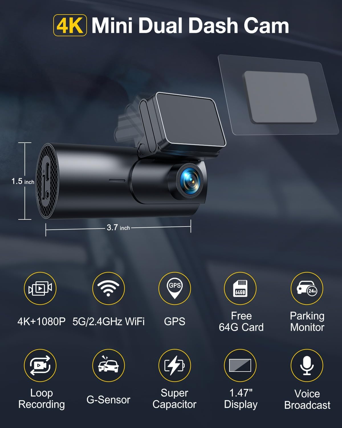 GKU Dash Cam Front and Rear Camera,4K+1080P, 5.8GHz WiFi & GPS Dash Camera for Cars,with 64G SDcard,1.47" Display Dashcam, 24HParking Mode,App Control,Super Night Vision,WDR,Support Max 256GB