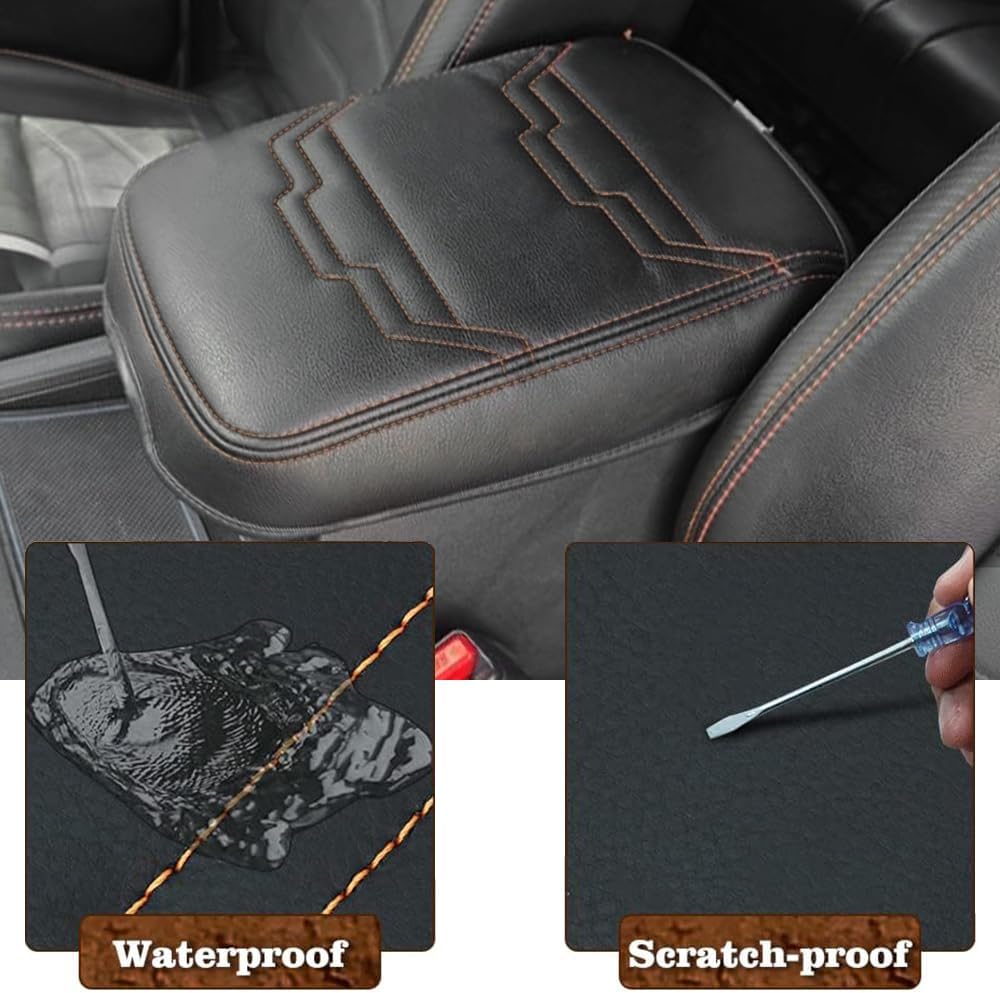 Muslogy for Frontier Center Console Pad Armrest Box Cover Vegan Leather Soft Accessories Armrest Lid Protector Compatible with Nissan Frontier 2022-2024 2025 (Regular Thick, V2 Orange Stitching)