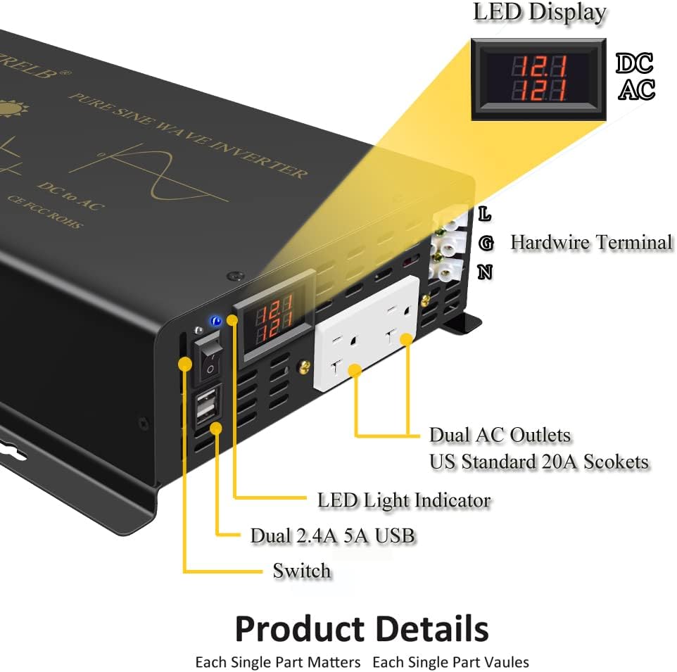 WZRELB 2500W Pure Sine Wave Power Inverter 12VDC to 120VAC 60HZ Dual AC Outlets 2× 2.4A USB Port&Hardwire Terminal Off-Grid Solar Converter RV Trucks Home