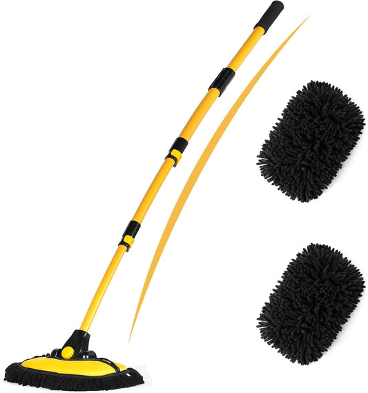 56.7" Car Wash Brush Mop Kit Microfiber Car Washing Sponge Mitt with Long Handle Car Cleaning Supplies Tools RV Washing Duster Exterior Scratch Free, Chenille Replacement Head Extension Pole