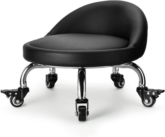 Rolling Stool with Backrest Low Height Rolling Stool with PU Leather, Roller Stool Chair, Roller Seats for Home, Office, Garage, Shop, Library