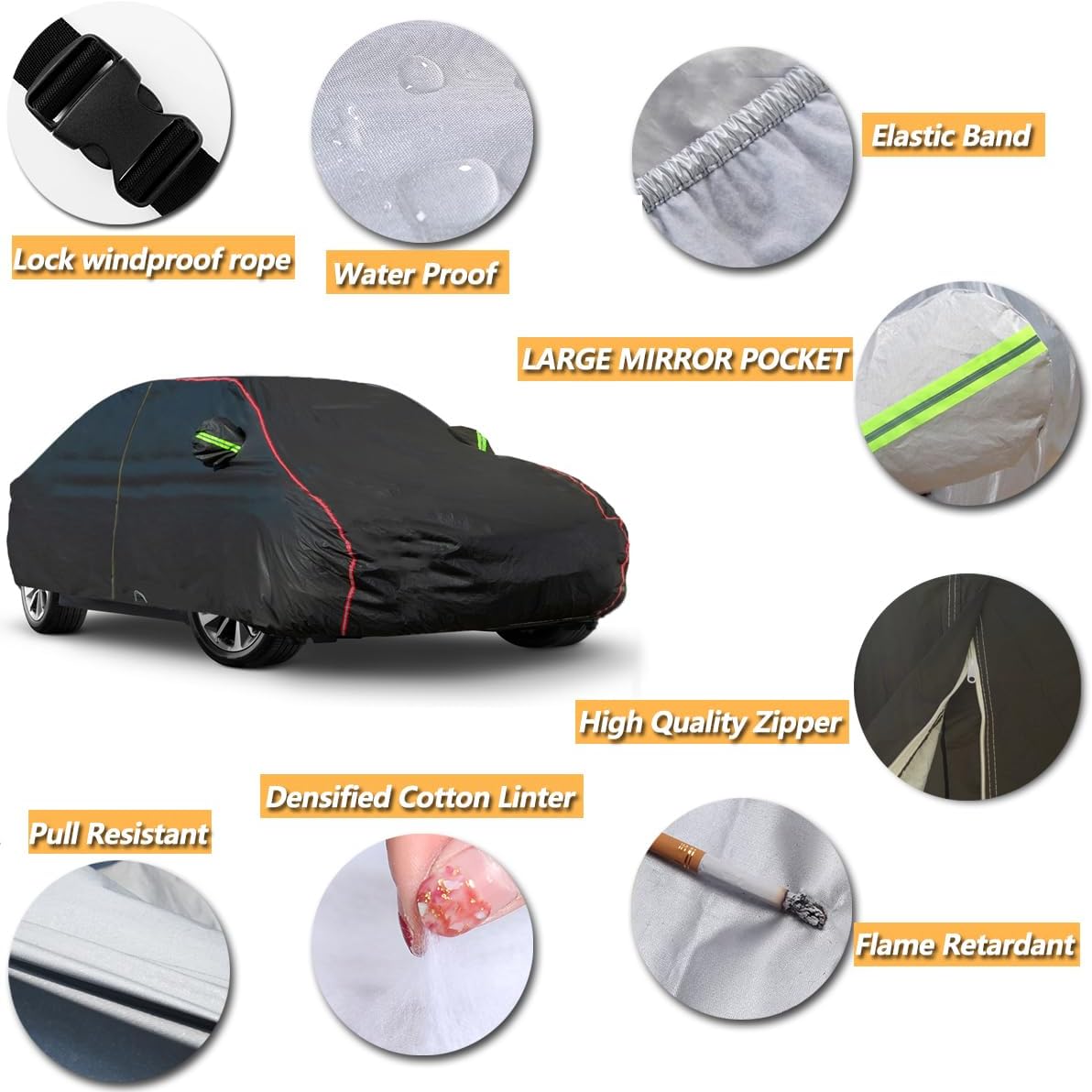 AUQDD 6-Layers PEVA New Material Sedan SUV Full Padded Car Cover Waterproof All Weather Weatherproof UV Sun Protection Snow Dust Storm Resistant Outdoor Exterior Custom Form-Fit Straps 178"-189"Black