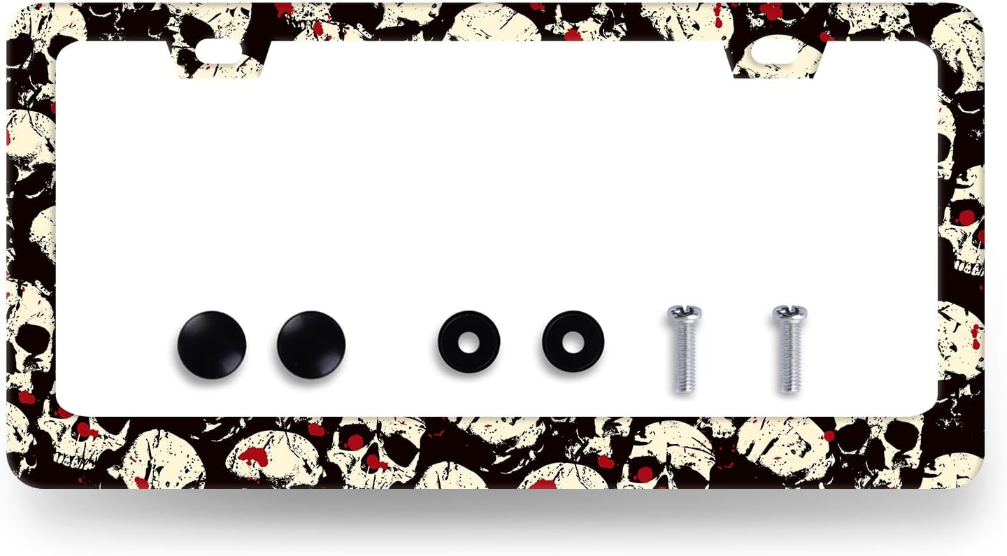 Skull License Plate Frame Skull Skeleton License Plate Holder Stainless Steel Funny Design Compatible with Standard License Plate for USA Canada 12.3" x 6.3" with 2 Screws