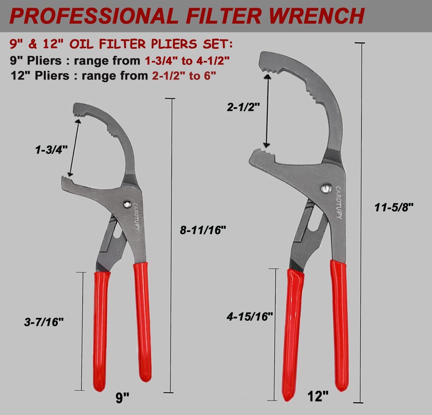 4Pcs Oil Filter Pliers Set, 3 Jaw Oil Filter Wrench With Oil Snap Funnel, 9" and 12" Oil Filter Pliers Adjustable From 1-3/4"-6"