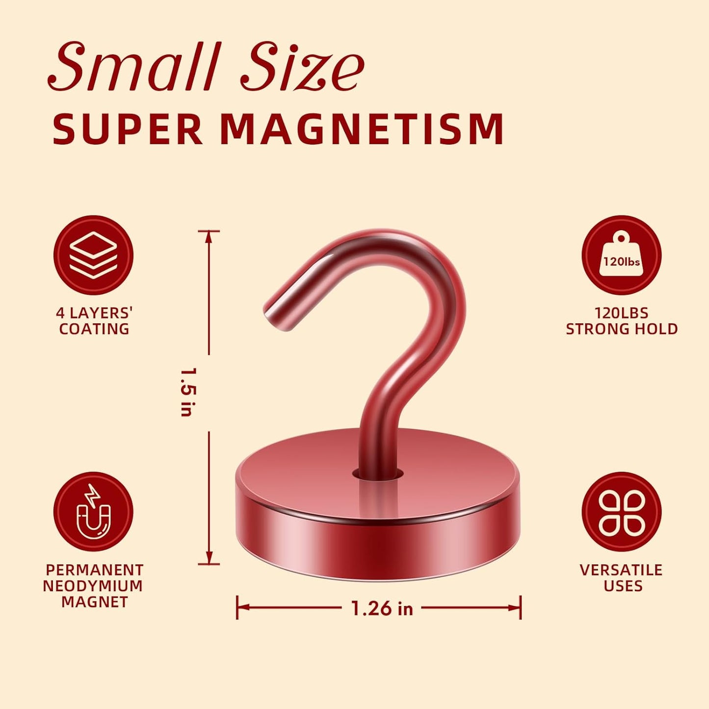 Neosmuk Magnetic Hooks, Cruise Ship Essentials, 120lb+ Heavy Duty Magnetic Hooks for Cruise Cabins, Refrigerator, Grill, Hanging, and Travel | Extra Strong Must-Haves Magnet Hook,Red, Pack of 10