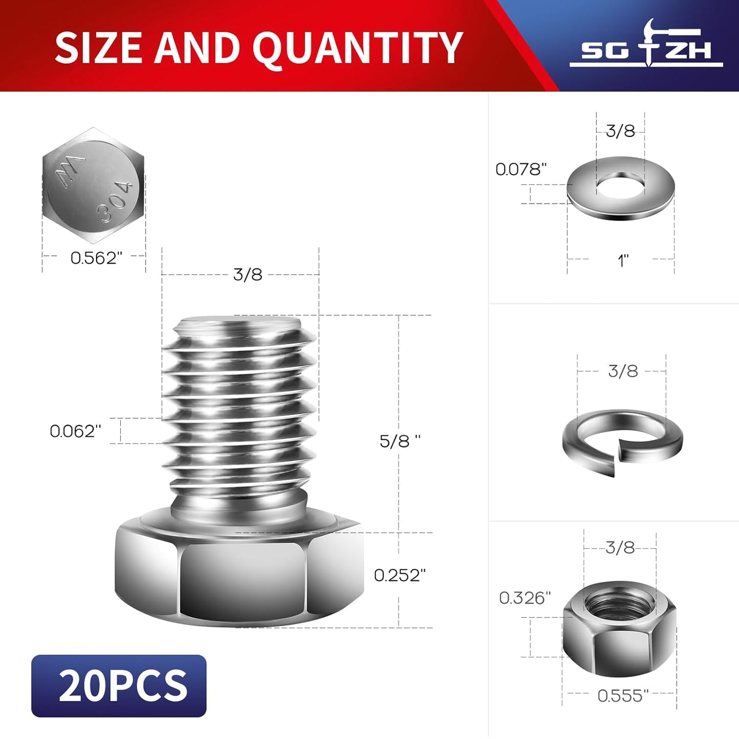 3/8-16 x 5/8" Hex Head Screw Bolt, Nuts, Flat & Lock Washers, 20Pcs 18-8 (304) Stainless Steel, Fully Threaded, by SG TZH