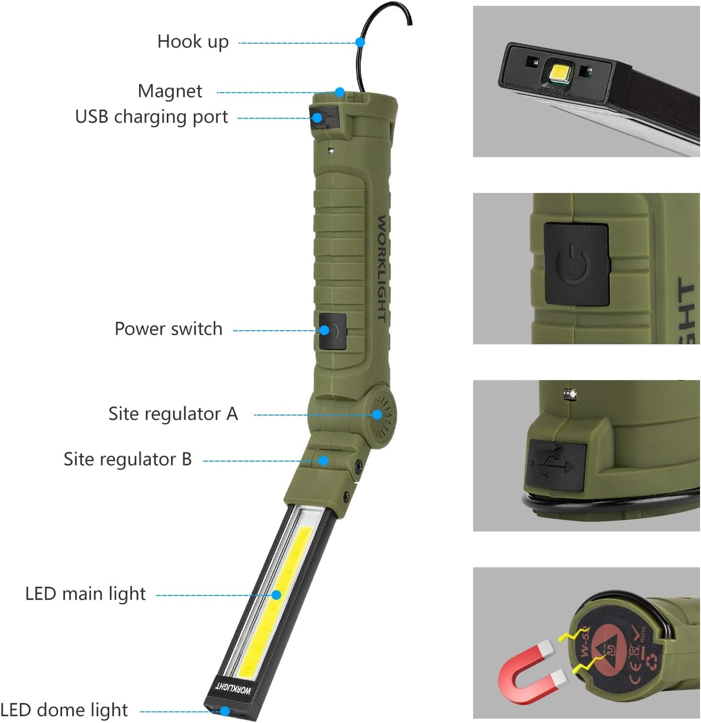 4 Pack Rechargeable LED Work Lights with Magnetic Base and 360° Rotation, 5 Modes for BBQ, Camping, Reading, and Car Repair