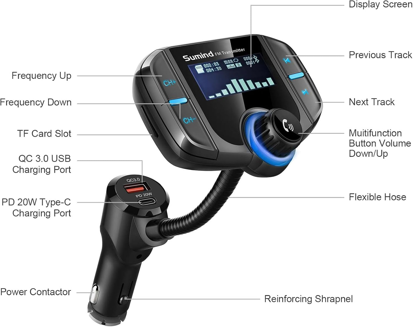 Upgraded Bluetooth FM Transmitter, Wireless Radio Adapter Hands Free Car Kit with 1.7'' Display, QC3.0 and Smart 2.4Amp Dual USB Ports, AUX Input/Output, TF Card Mp3 Player (PD, Black)