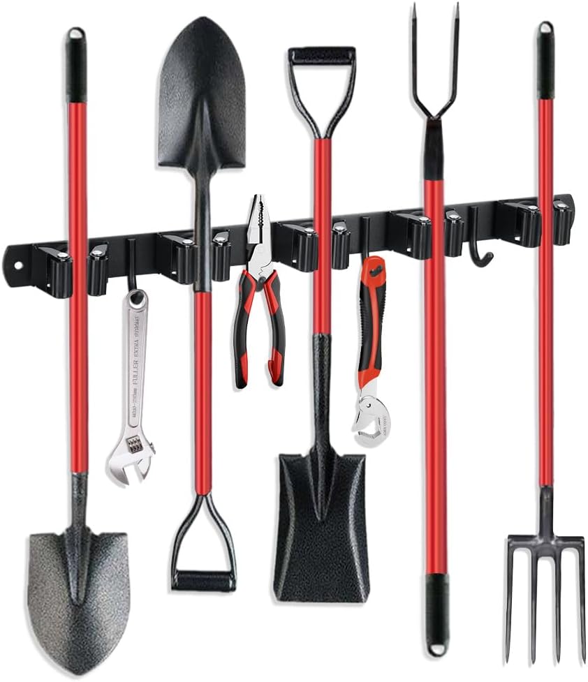 Broom Hanger and Mop Holder, Heavy Duty Garden Tool Organizer Rack Rake and Shovel Handle, Stainless Steel Wall Mounted Utility Rack with Screws (5 Racks with 4 Hooks, Matte Black).