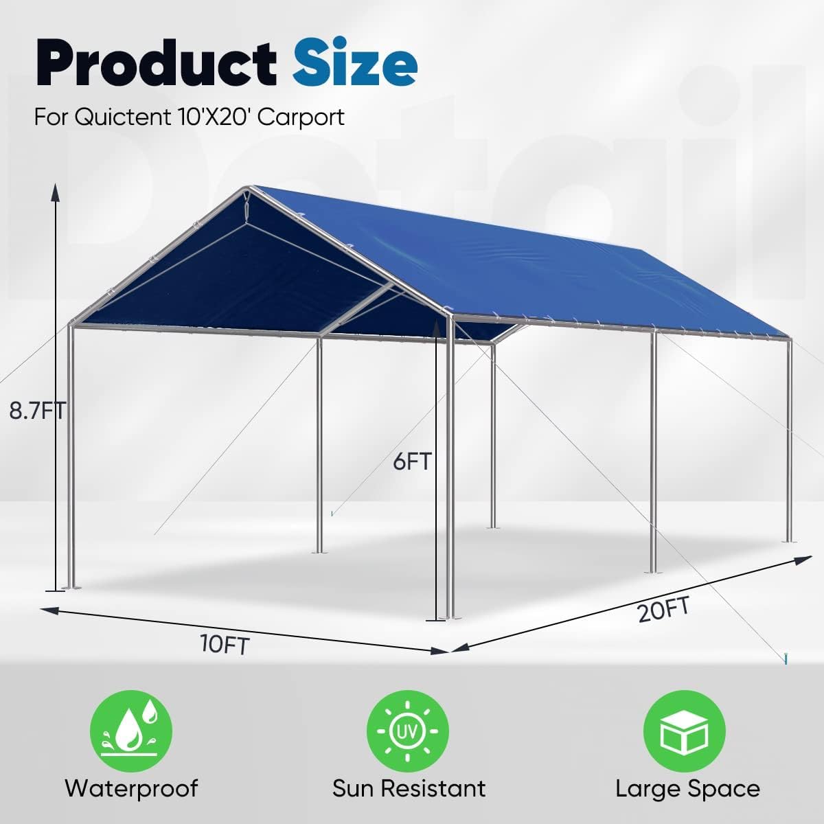 Quictent 10x20 ft Heavy Duty Car Canopy Galvanized Frame Carport Outdoor Party Tent Boat Shelter with 3 Reinforced Steel Cables - Blue