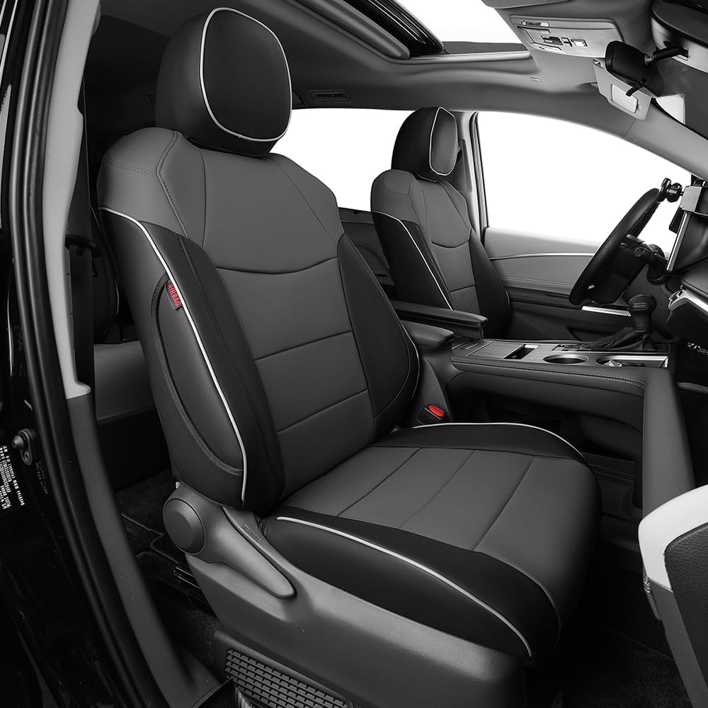 EKR Sienna Seat Covers for 2011-2020 Toyota Sienna L,LE,XLE,Limited,7 Seats,2nd Row Captain Seats W/NO Legrest,Waterproof Car Seat Cover Full Set,Car Seat Protectors- Three Row,Leather(Black/Gray)