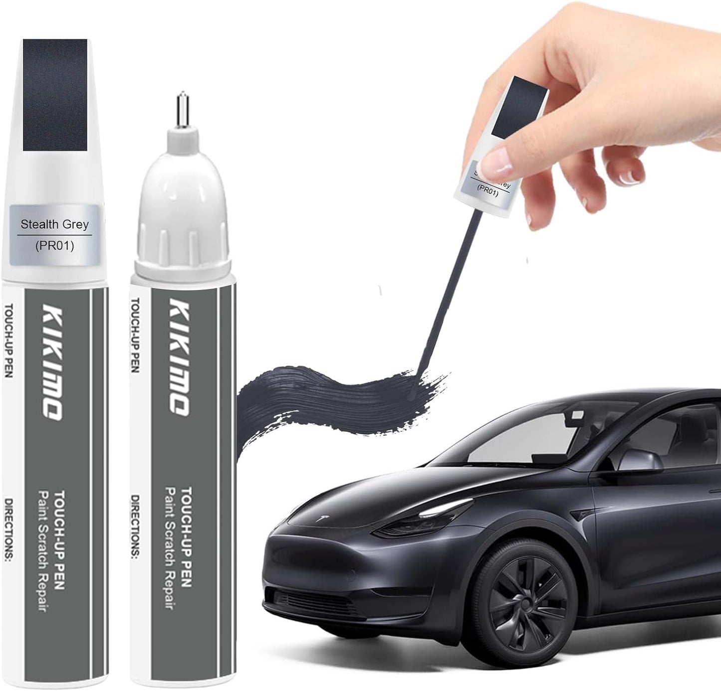KIKIMO for Tesla Touch Up Paint(Stealth Grey(PN01)), Car Paint Repair Kit for Tesla Model Y/3/S/X, 2 In 1 Scratches Repair with Pen Tip and Brush, Color-Matched for Quick & Easy Fix