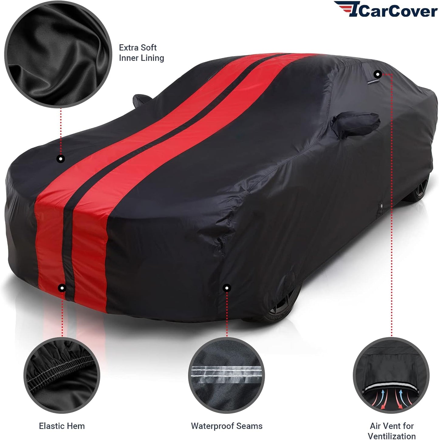 iCarCover Custom Car Cover Compatible with Charger 2006-2024, Waterproof All-Weather Rain Snow UV Sun Protector Full Exterior Indoor Outdoor Car Covers, Stripe (Black/Red)