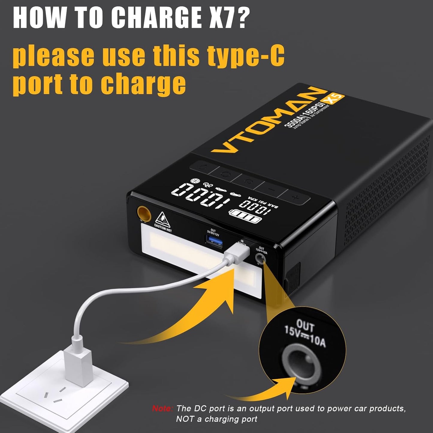 VTOMAN X7 Jump Starter with Air Compressor, 4250A Portable Car Jumper with 160PSI Digital Tire Inflator,12V Lithium Battery Charger Booster Box with Type-C Quick Charge (Up 10L Gas/10L Diesel Engine)