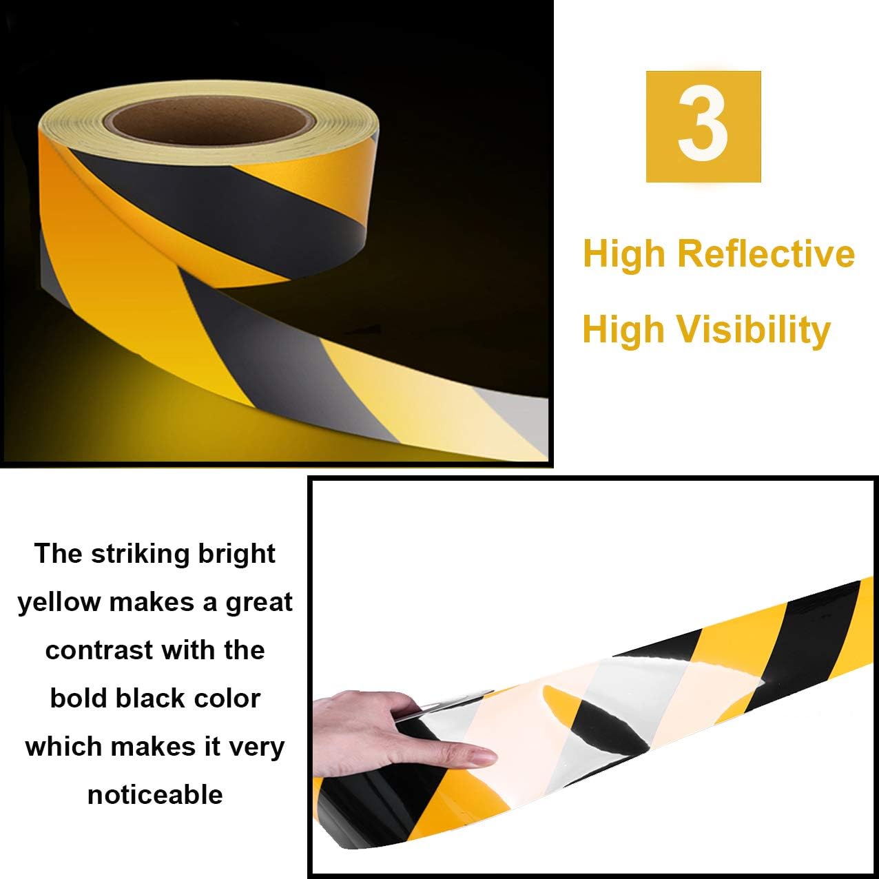 Waterproof Reflective Safety Tape Roll 2"X150' Yellow Black Striped Floor Marking Tape Hazard Caution Warning Tape Auto Truck Self-adhesive Safety Sticker Strips for Wall Factory Trailer Vehicle