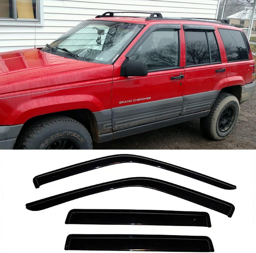 Side Window Deflector Visor Rain Guard,Outside Mount Tape-on Shatterproof Dark Smoke,4pc Window Shades fit for 1993-1998 Jeep Grand Cherokee Only 94320