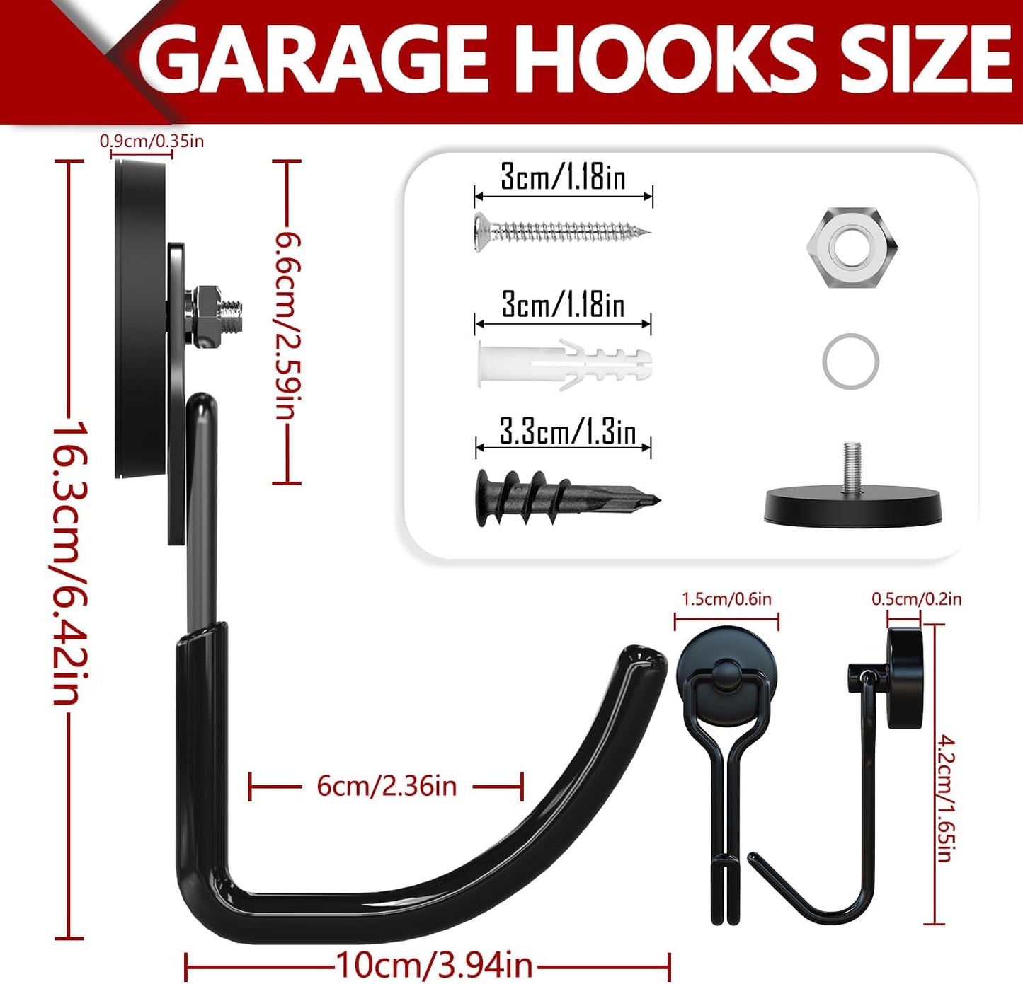 3-H Heavy Duty Magnet Garage Hooks 4 Pack, J Shape Strong Magnetic Hooks for Hanging Cordless Power Drill, Utility Magnetic Tool Holder for Metal Cabinet, Steel Pegboard, Toolbox, Garage(Black)