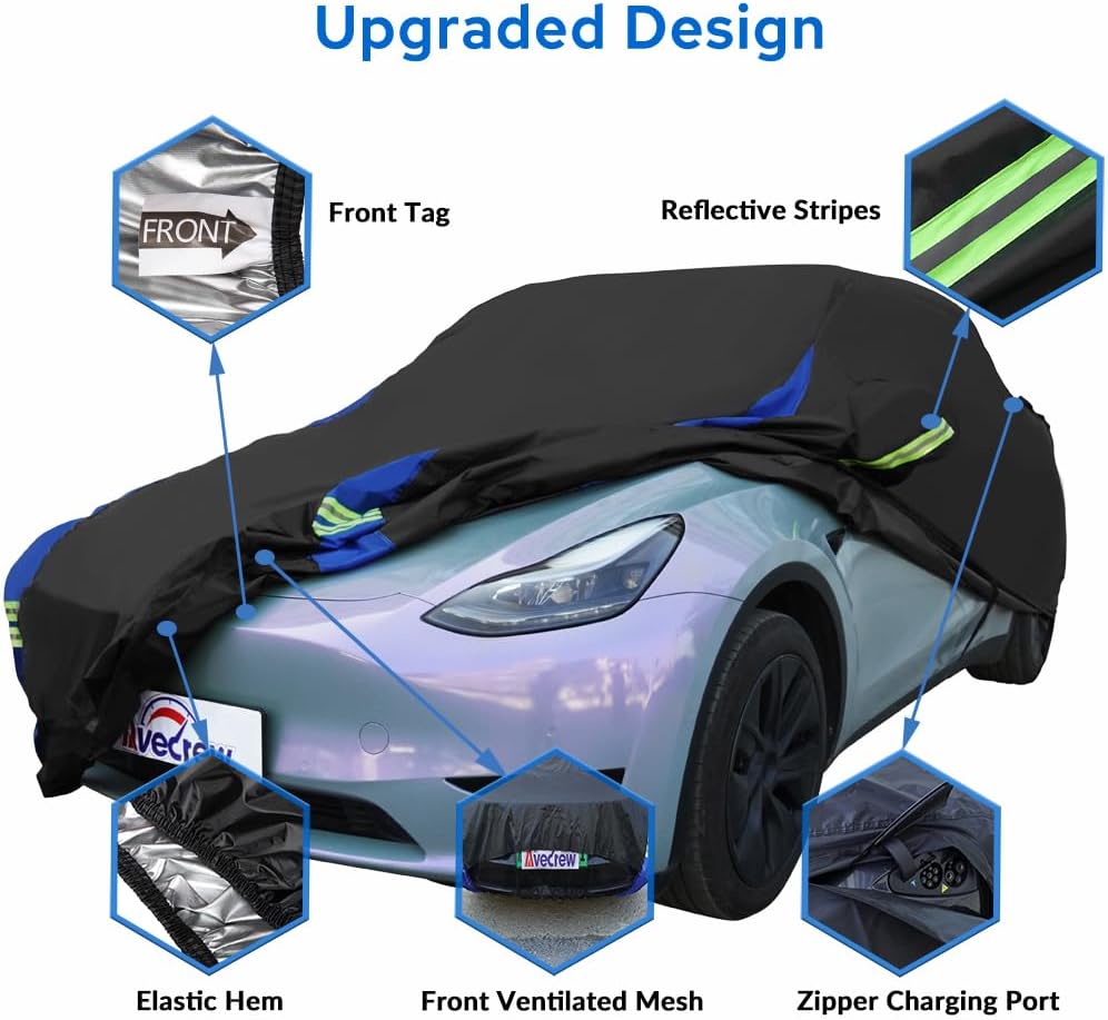 Avecrew Car Cover for Tesla Model Y, Custom Fit Full Exterior Cover with Charging Port and Breathable Ventilation Mesh, Waterproof All Weather Outdoor Rain Snow Sun Protection Cover