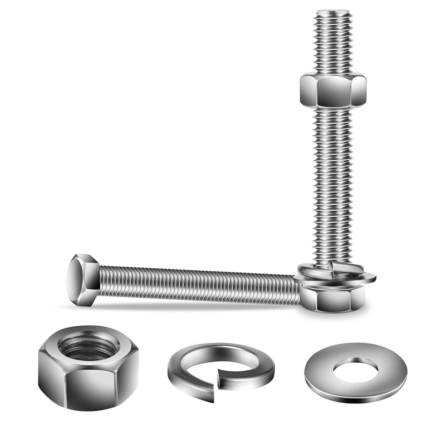 1/2-13 x 6" Hex Head Screw Bolt, Nuts, Flat & Lock Washers, 20Pcs 18-8 (304) Stainless Steel, Fully Threaded, by SG TZH