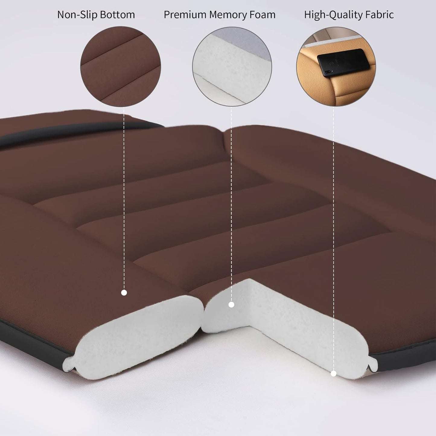Premium Car Seat Cushion, Driver Cushion with Comfort Memory Foam & Non-Slip Rubber Bottom, Car Seat Pad Works with 95% of Vehicles and Office Chair or Home (Brown)